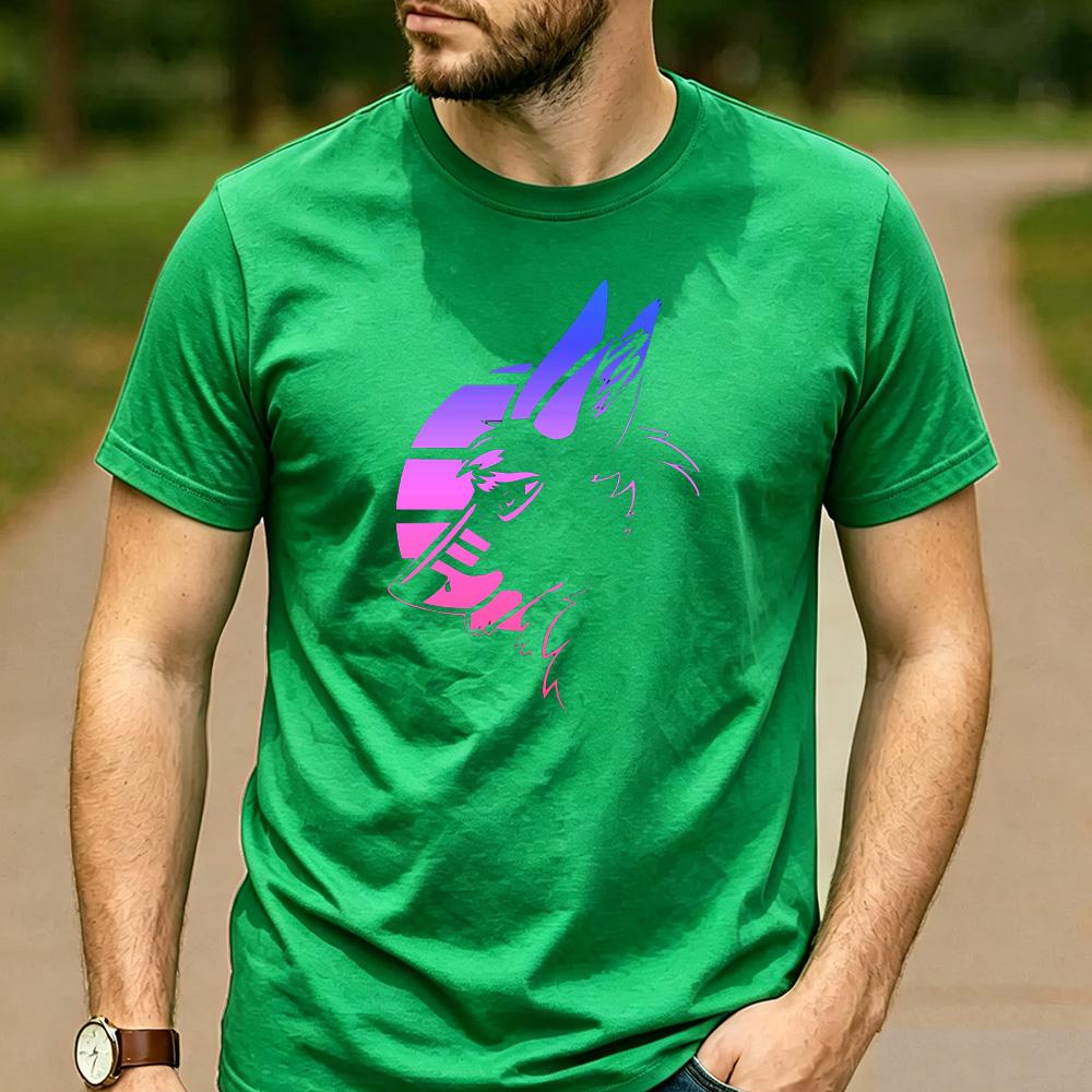 Vaporwave Gradient Wolf Head Sunset Circle Graphic T Shirt Unisex Crew Neck Short Sleeve Wildlife Fan Holiday Gift Top