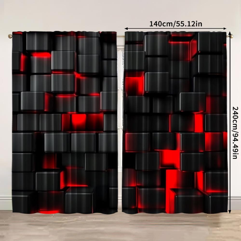 2pcs   2D Flat Printing Party Curtain Abstract Cubes Red Black Art Protecting Privacy Family Party Use for Indoor Use Bedroom