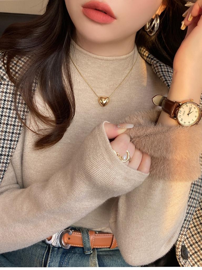 Yellow Semi-turtleneck Sweater Women's Autumn and Winter New Fleece Thickened Inner Integrated Fleece High-end Bottoming Top