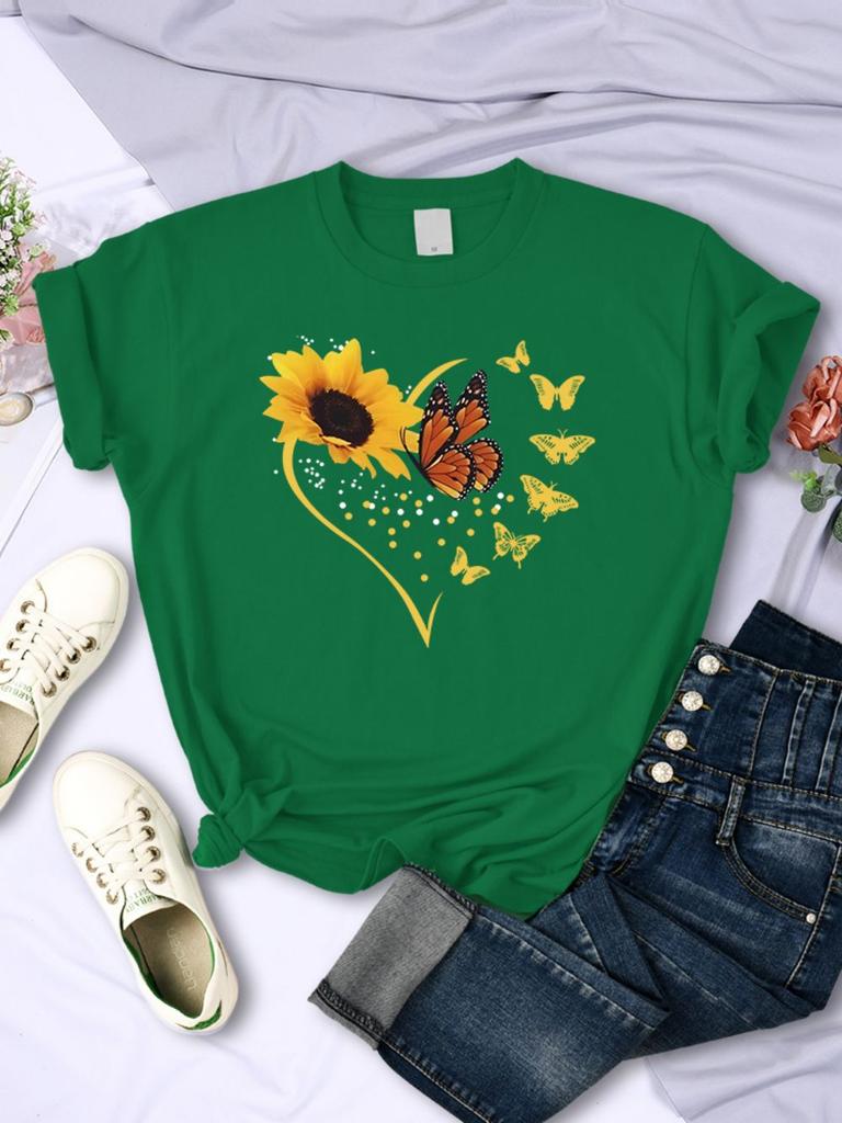 Einfache Damen T-Shirts Sonnenblumen Schmetterlinge Herz-Aufdrucke Kurzarm Bequem Weich O-Ausschnitt Oberteile Sommer Lässig Damenkleidung