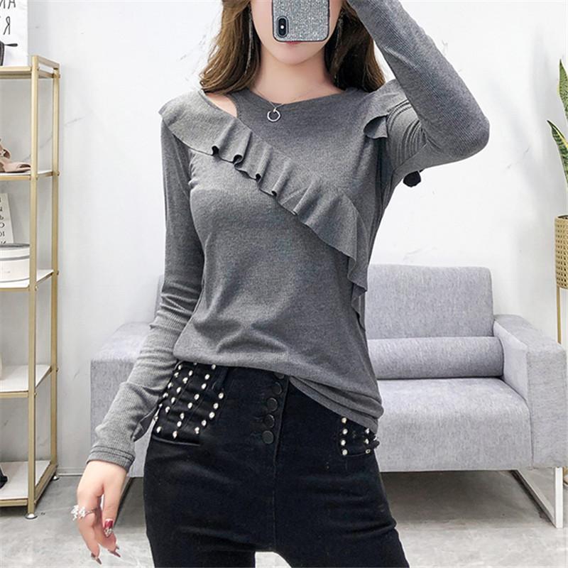Off-the-shoulder T-shirt Women's Long-sleeved Spring New Ruffle Top, Foreign Versatile Age-reducing Bottoming Shirt