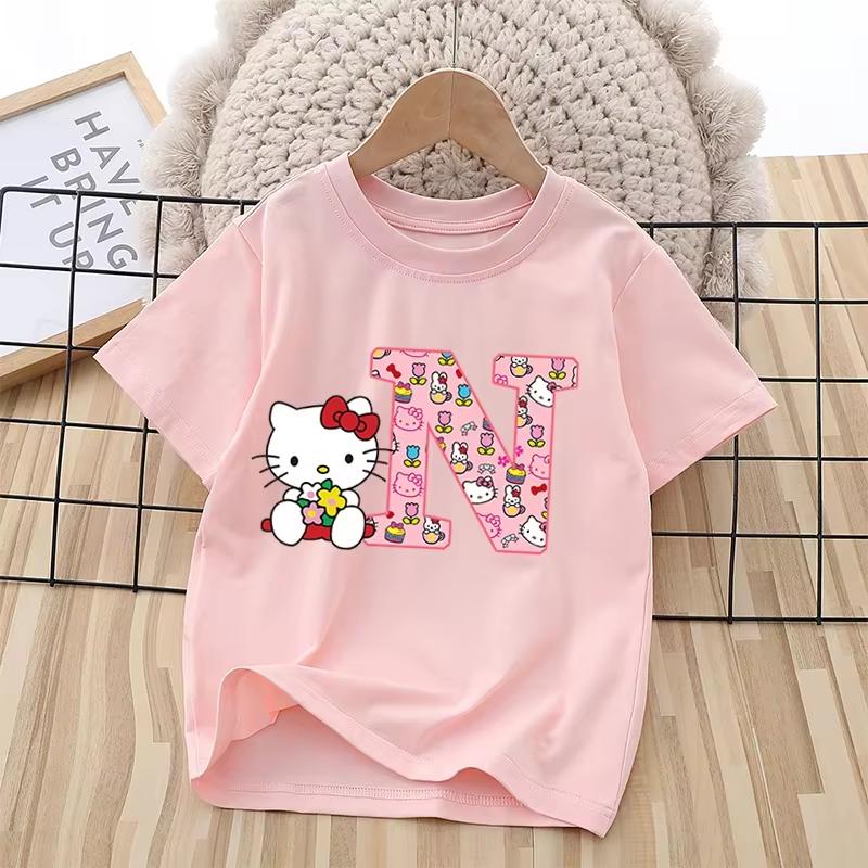 

2026 New Trendy Cool Childrens Tshirt Katie Cat Letter Printed Pure Comfortable summer loose Tshirt S