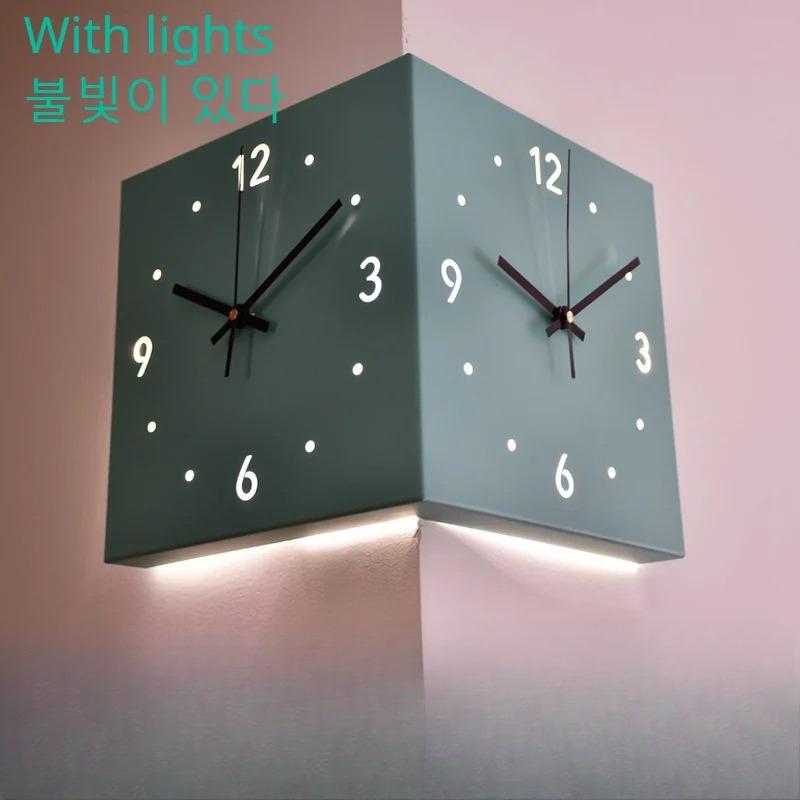 Creative Light Sensor Corner Wall Clock Square Simple Double Sided Wall Clock with Arabic Numeral Scale Analog Silent Wall Clock