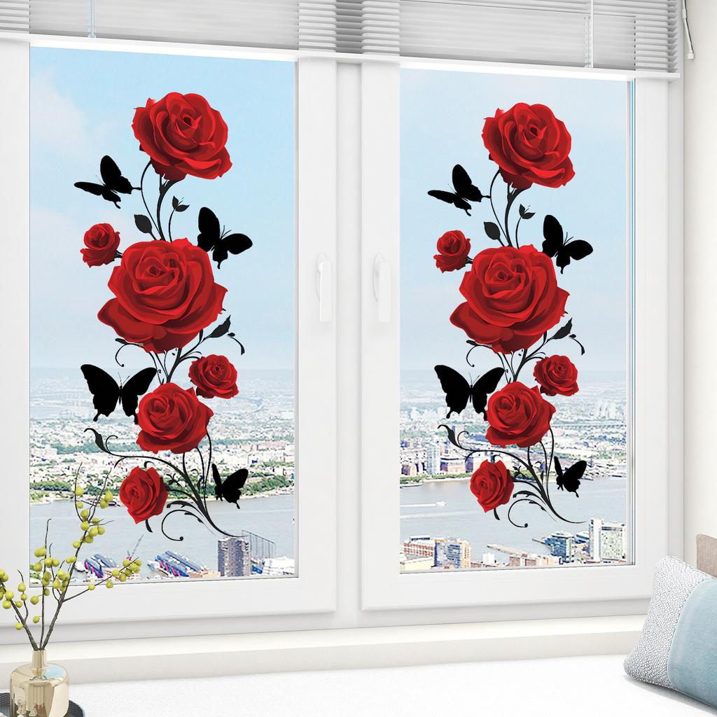Červená Růže Motýl Samolepky na Okno pro Valentýna Romantické Statické Samolepky Obývací Pokoj Ložnice Balkon Skleněná Dekorace