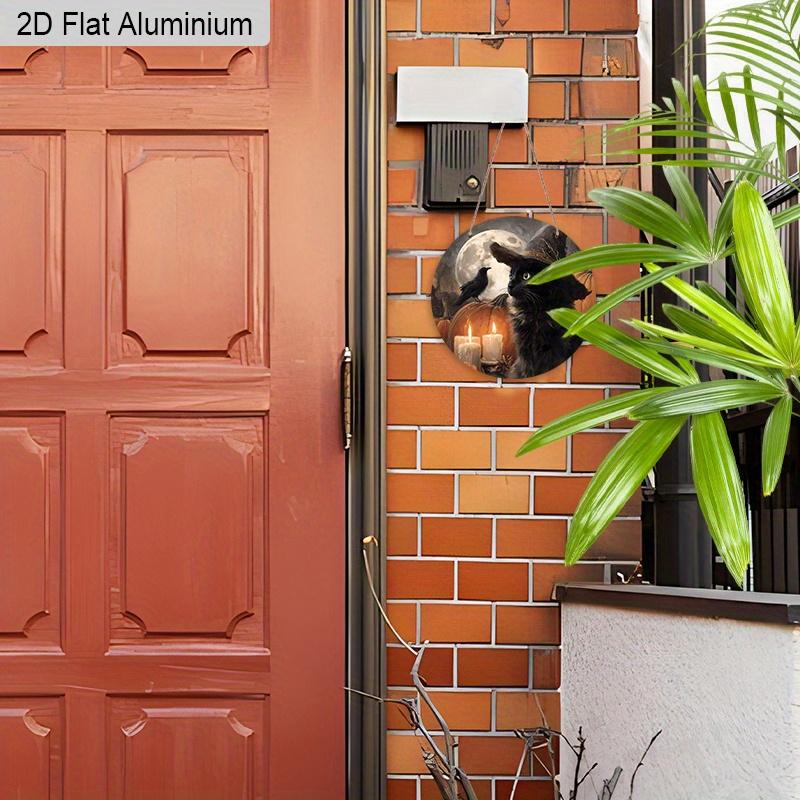2D Flat Aluminium Halloween Sign with Black Cat Pattern - Halloween Figurine Ornaments - Ideal for Front Door, Wall, Porch, Window Decor - Ideal