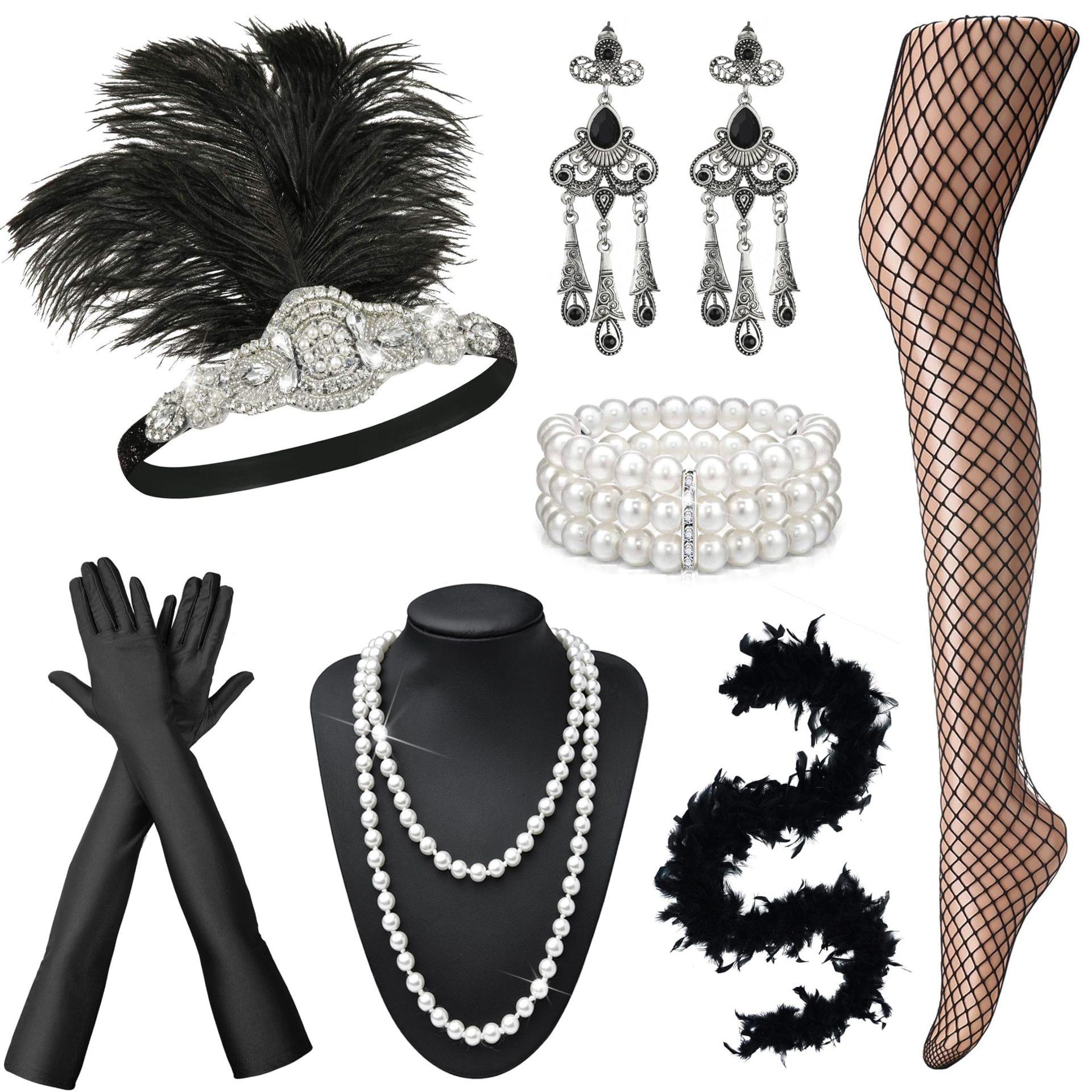 1920s Gatsby Masquerade Set: Headband, Earrings, Gloves, Necklace  Bracelet чёрный