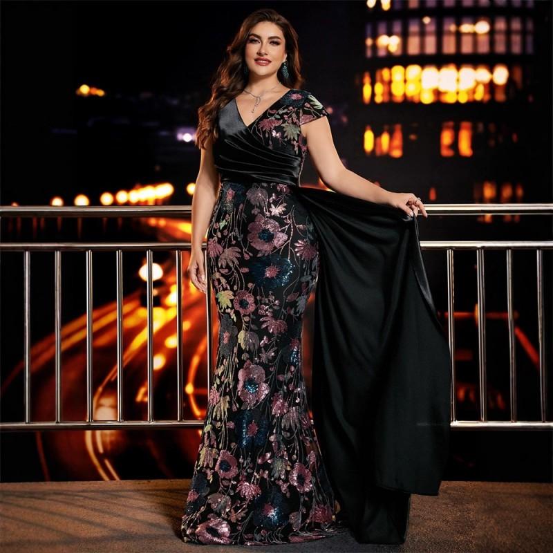 Plus Size Elegant Sequin V-neck Long Gown Party Evening Wear Mother Dress