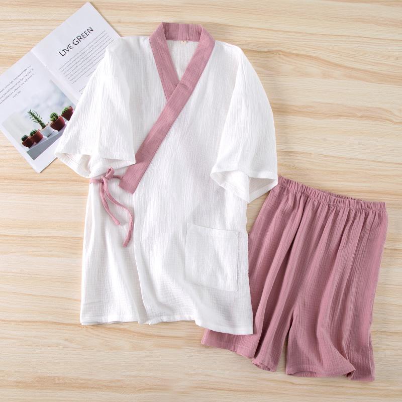 

Japanese-Style Hanfu Kimono Pajamas Women Sleepwear Set Fresh Color Cotton Yarn Crepe Short-Sleeved Shorts Home Suit XL рожевий