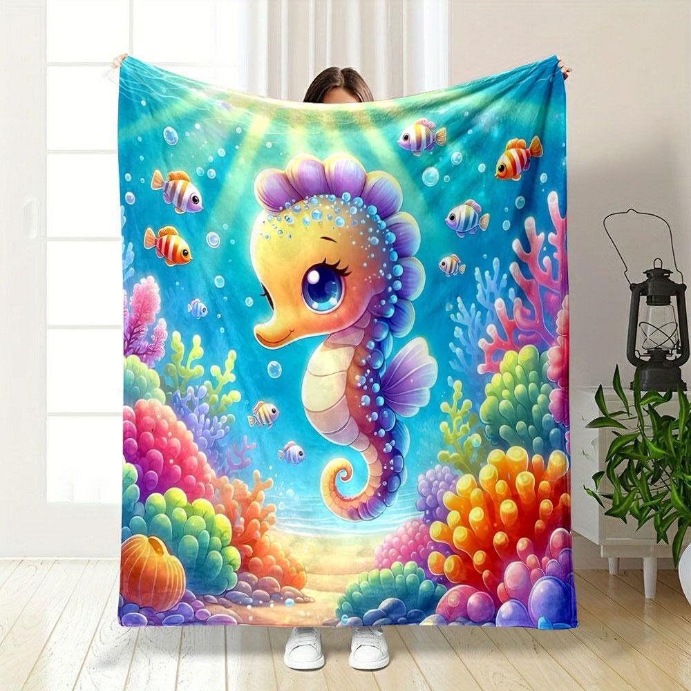 Cute Seahorse and Colorful Coral Reef Scene Print Blanket Soft and Cozy Perfect for the Living Room Bed Sofa or a Nap,gift