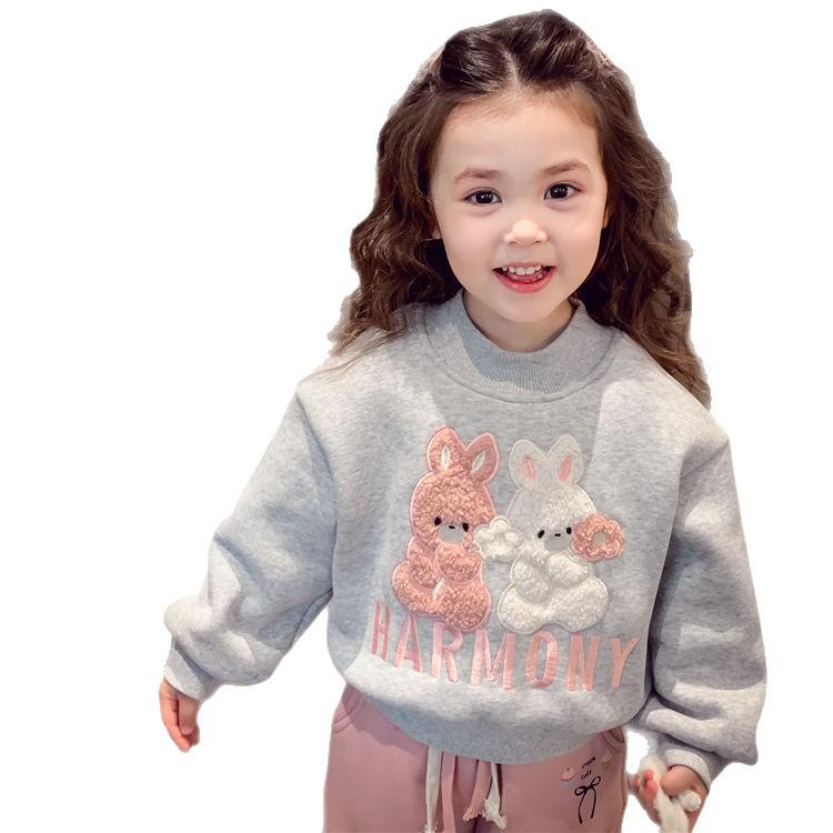 Girls' Fleece-Lined Cartoon Rabbit Sweatshirt Pullover