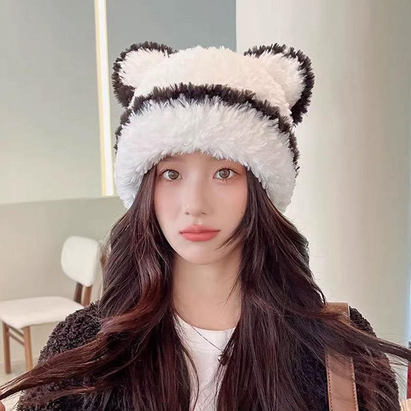 Female Autumn and Winter Cute Bear Warm and Cold Ear Protection Wool Hat Headhat Showing Face Small Plush Knitted Hat