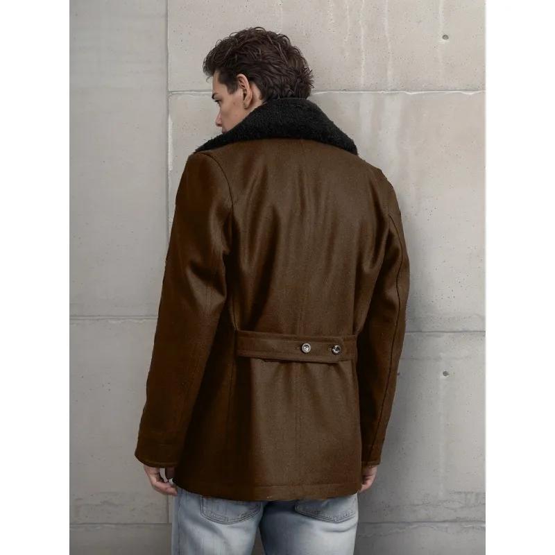 Men's Winter Fur Collar Wool Jacket Men's Casual Slim-Fit Double-Breasted Solid Color Cashmere Wool