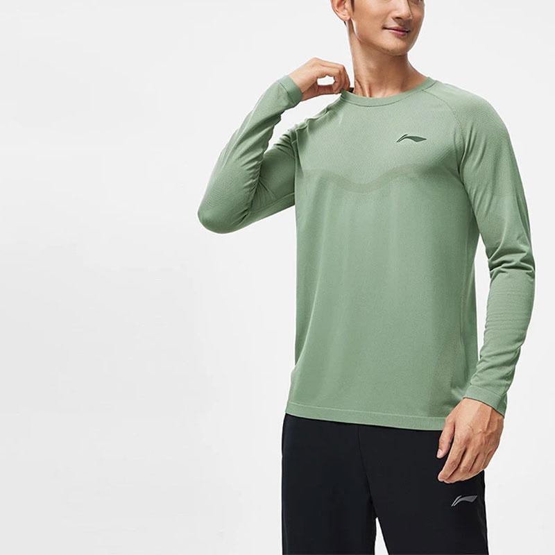 Li Ning Running Series Solid Color Logo Warm Long Sleeve Puff Sleeve T-Shirt Men Tops Gray-Green ATLT077-2