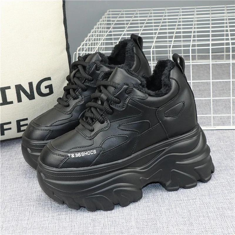 

Мода 13СМ Натуральная Кожа Обувь на Платформе Кроссовки на Платформе и Танкетке Женские Осенняя Мода Зимние Плюшевые Ботильоны Весенние Вулканизированные 34 чёрный