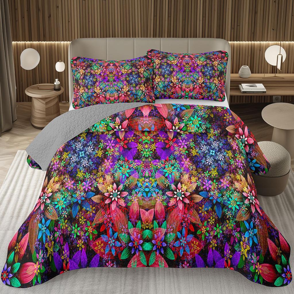 Boho Floral Bedspread Queen/Twin Luxury European Damask Paisley Pattern - Classic & Gorgeous Coverlet Reversible Grey Quilt Set