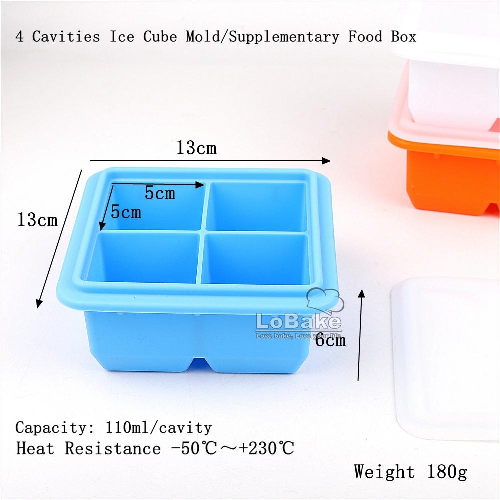 4 Cavities Silicone Ice Cube Box with Lid Cover Self-made Supplementary Food Making Box Freezer Refrigerator DIY Kitchen Gadgets