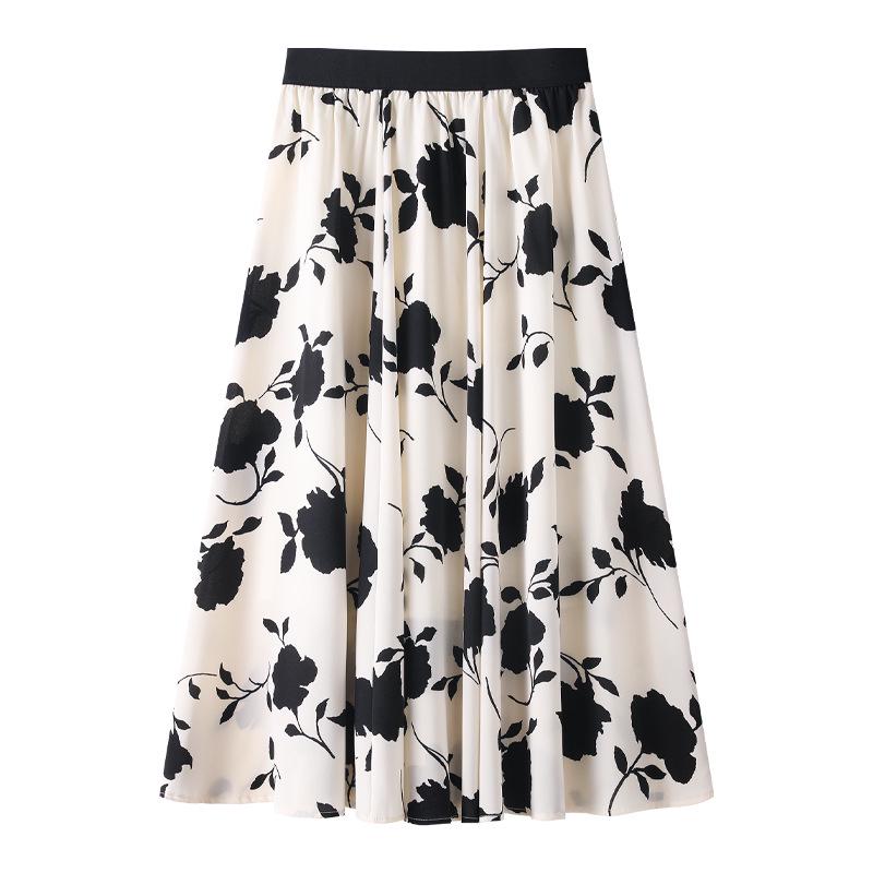 Women's Black & White Floral High Waisted Pleated Chiffon Midi Skirt, Spring/Summer 2025 Collection