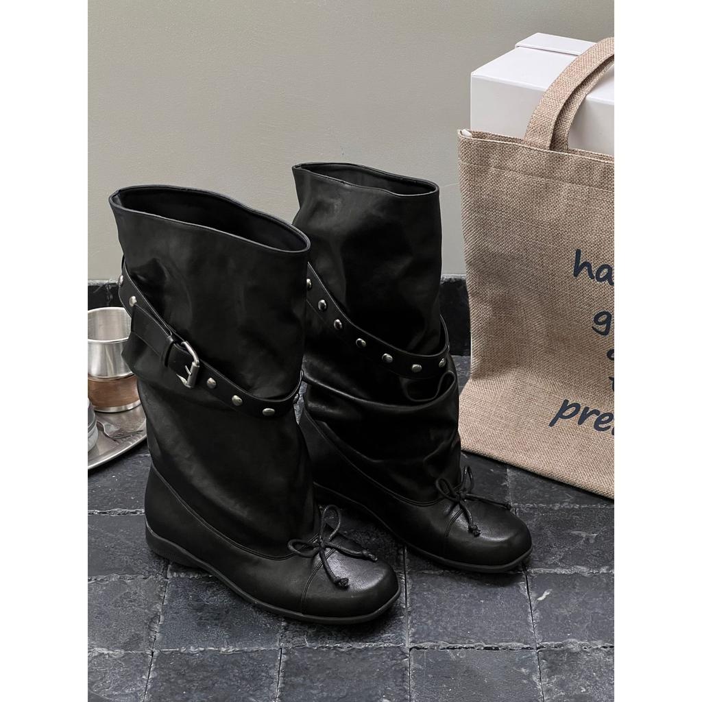 Retro Riveted Pants Boots Autumn New Fashion Bow Spice Girl Wasteland Wind Black Thick Heel Pile Boots