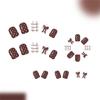24 Glossy Short Square Fake Nail Coffee Brown Bowknot Checkered Pattern White Polkas Dots ABS Material For Fall Winter Manicure