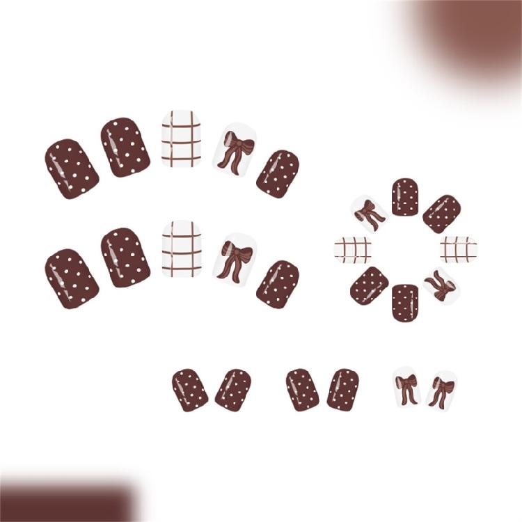 24 Glossy Short Square Fake Nail Coffee Brown Bowknot Checkered Pattern White Polkas Dots ABS Material For Fall Winter Manicure