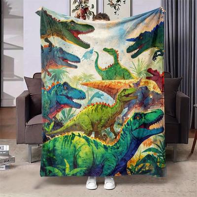 Couverture en flanelle imprimée sur le thème des dinosaures colorés, adaptée à toutes les saisons, pour le salon, le bureau, le canapé et les voyages