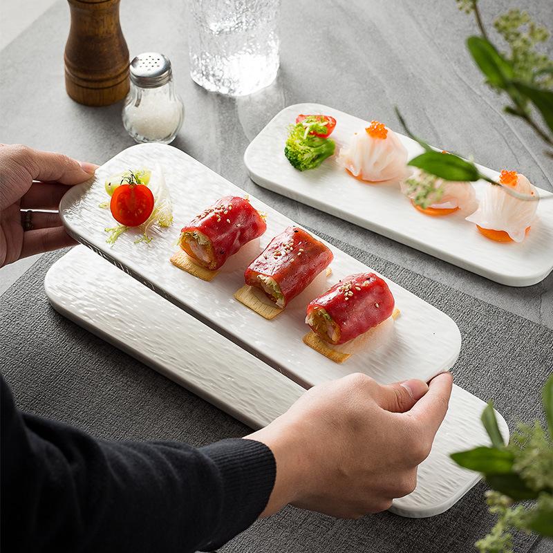Pure White Rock Pattern Rectangular Flat Ceramic Strip Plate High-End Sushi Plate Restaurant Sashimi Plate Dim Sum Plate