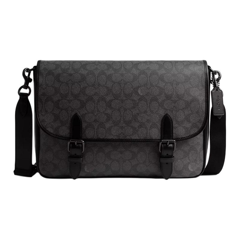 

COACH Hitch 32 classic old flower all over print coated canvas and calfskin messenger bag shoulder bag large size men s charcoal color коричневий