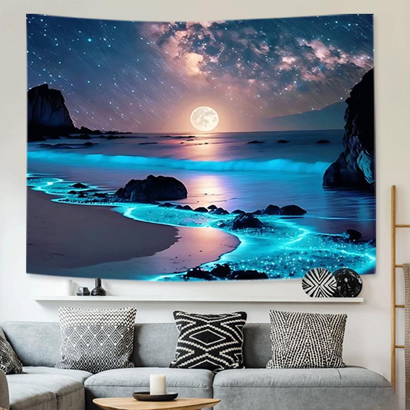 Enchanting Blue Sea & Moon Tapestry Polyester Wall Hanging For Bedroom Dorm Decor Includes Free Installation Kit Gift for Friend