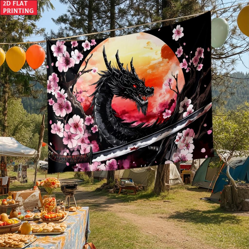 Japanese Dragon Cherry Blossom Tapestry Samurai Sword Moon Background Wall Art Asian Oriental Decor Living Room Bedroom Art