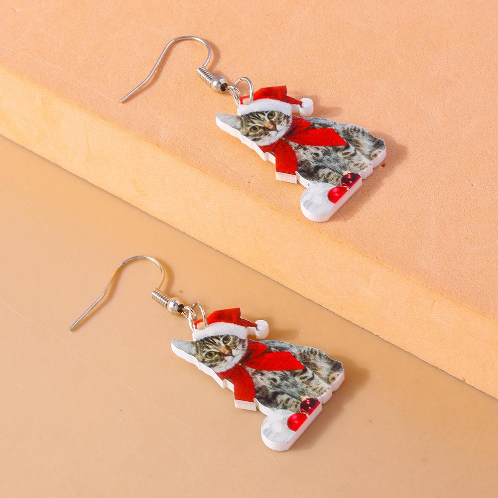 Cute Christmas Cat Drop Earrings for Women Girls Cartoon Animal Earrings Party Holiday Jewelry Gifts