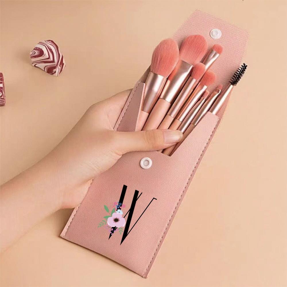 Pink Makeup Brushes Set Soft Synthetic Hair Portable Powder Eyeshadow Brushes For Daily Use Flower And Black Pattern