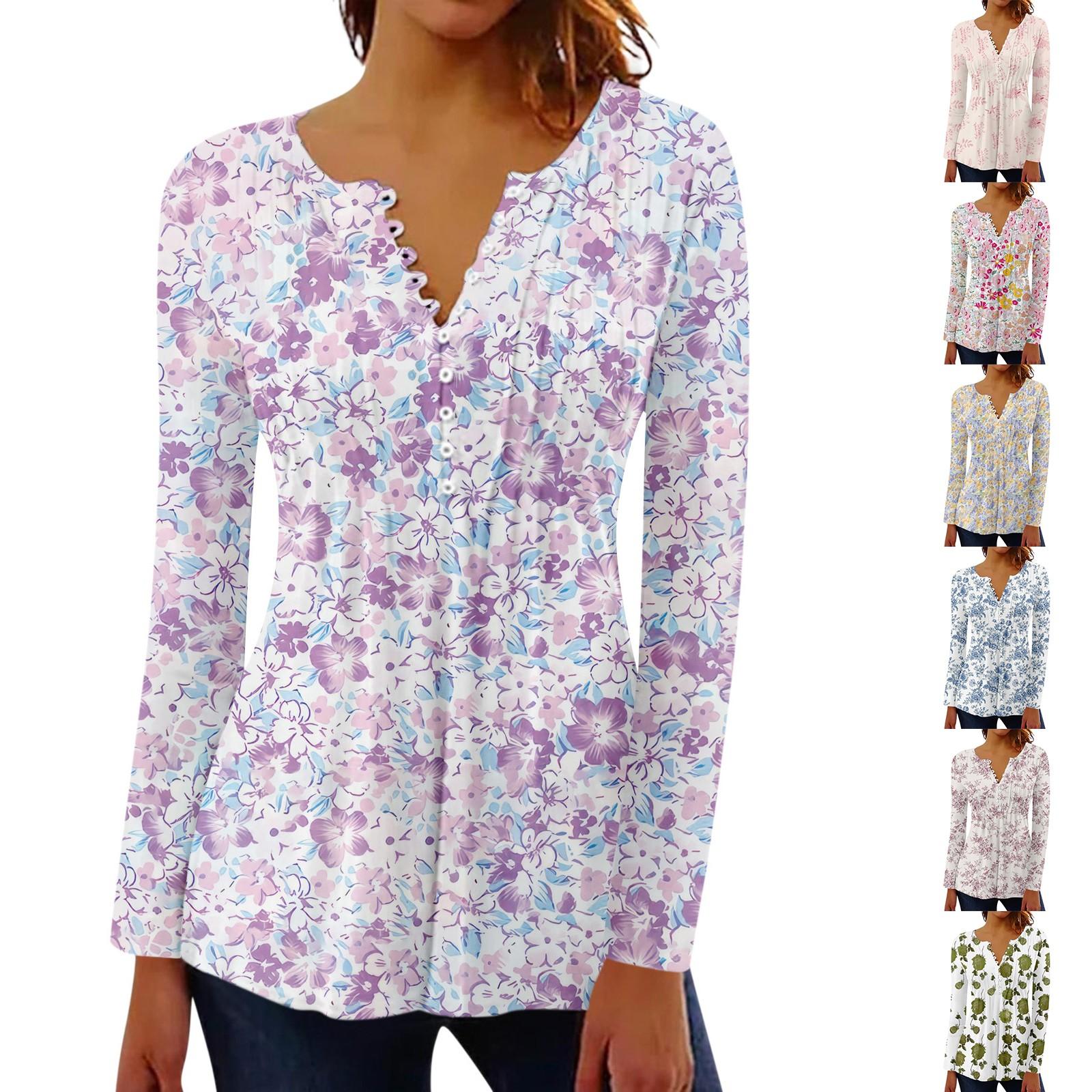 

Women s Pleated Button Retro Floral Print Top S