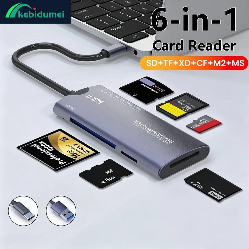 6 In 1 Card Reader SD TF XD CF M2 Memory Card Reader USB Adapter Type C High Speed Data Transfer Cardreader For Laptop
