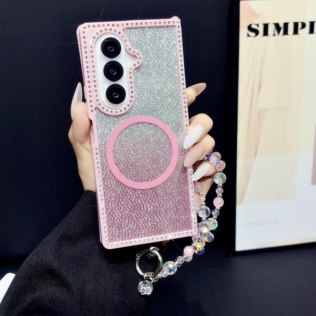 Fashion Glitter Inlaid Diamond Magnetic Phone Case For Samsung Galaxy Z Fold 7 6 5 4 3 Crystal lanyard Shockproof Slim Cover