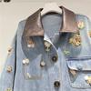 2025 Autumn/Winter Women's Floral Beaded PU Leather and Denim Color Block Jacket