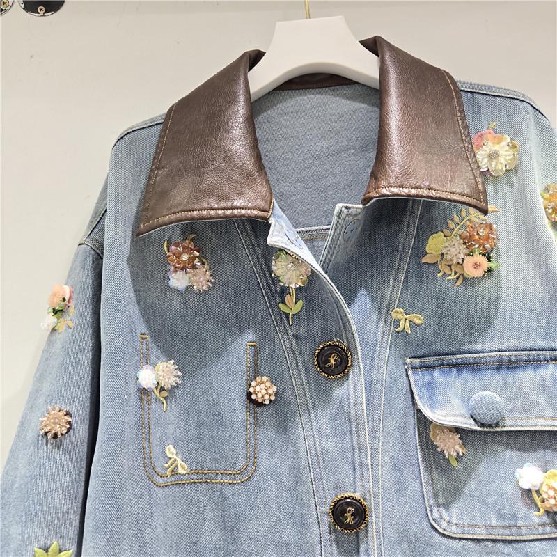 2025 Autumn/Winter Women's Floral Beaded PU Leather and Denim Color Block Jacket