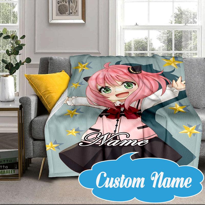 Custom Name Pink Hair Anya Blanket Bed Sofa Blanket Flannel Blanket for Camping, Hiking, Picnic Essentials,gift for Fan Family