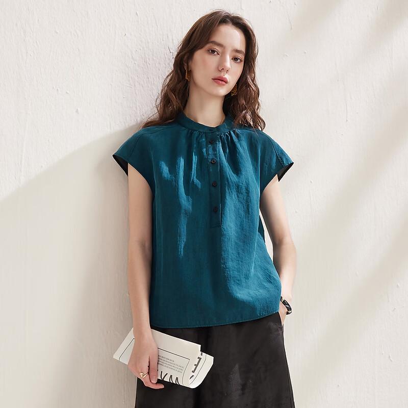 Zhaojun 2026 Summer Heavyweight Mulberry Silk Stand Collar Short-Sleeve Top L