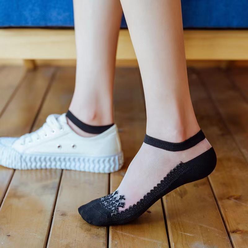 Women Socks Summer New Flower Lace Ankle Socks Soft Silk Thin Transparent Solid Cute Lolita Socks