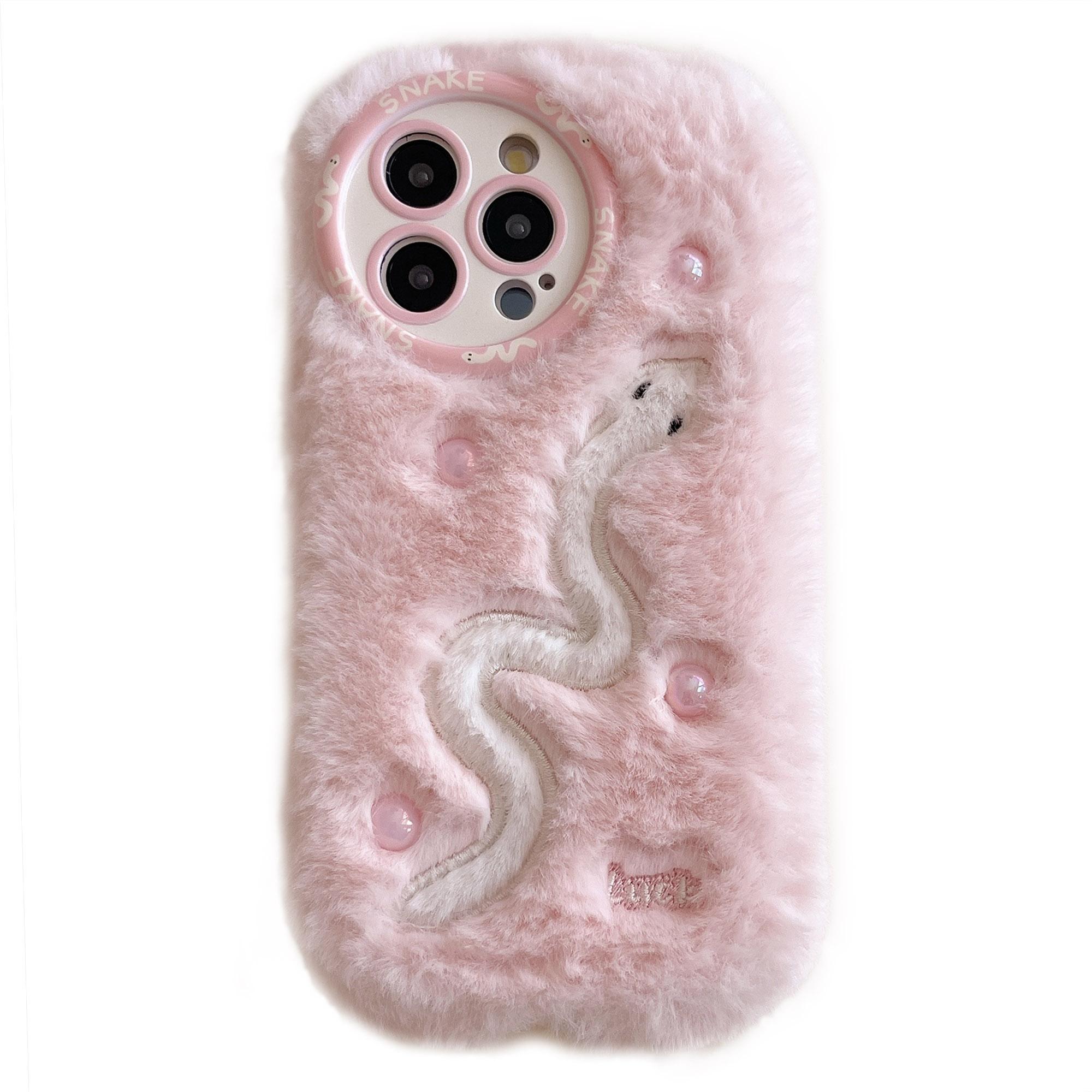 

For iPhone 16 Pro Max Case Snake Design Pearl Accents Furry TPU Warm Phone Cover Pink