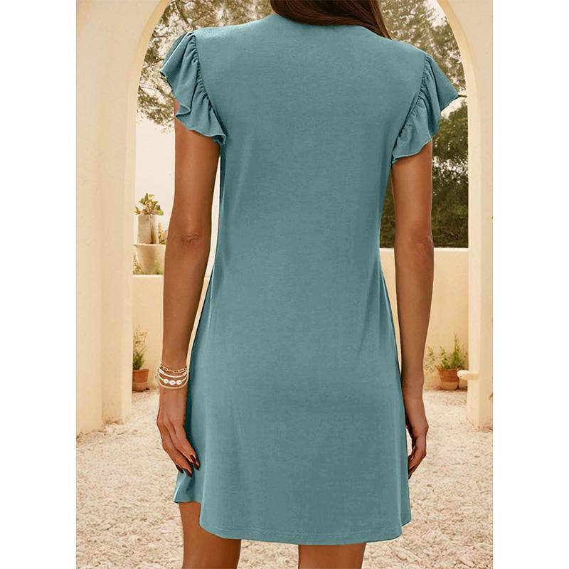 Women's Deep V-Neck Smocked Tank Dress Ruffle Sleeve Loose Fit Beach Vacation Summer