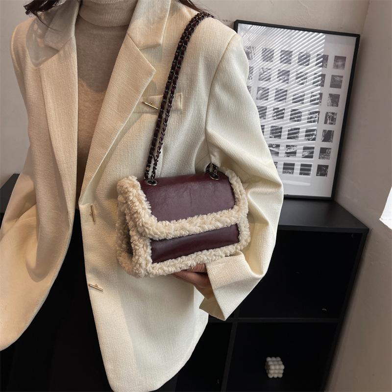 Ретро Плюшевая Маленькая Сумка Женская Модная Цепочка На Плечо Сумка-Мессенджер Контрастного Цвета Маленькая Квадратная Сумка темно-коричневого