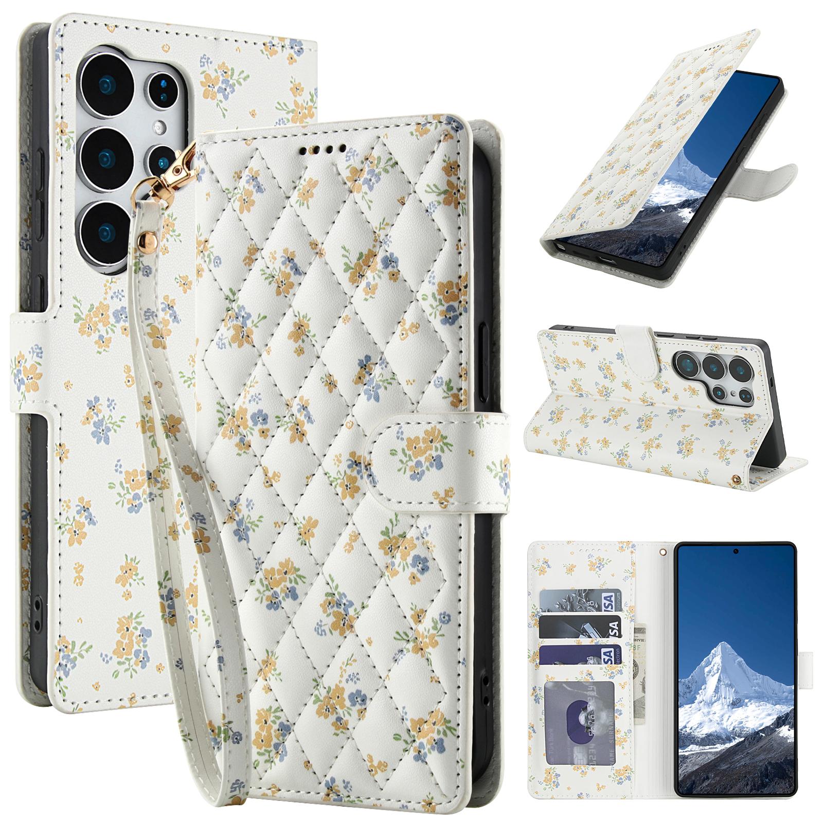

For Samsung Galaxy S26 Ultra Wallet Case Rhombic Floral Design Leather Flip Phone Cover with Strap