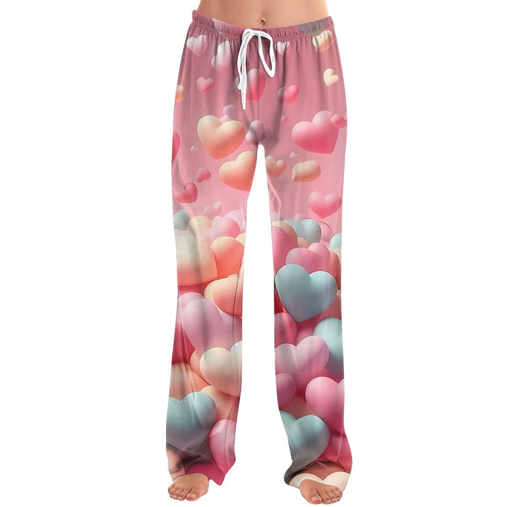 Pantaloni Drepți Casual pentru Femei cu Imprimeu Inimă de Ziua Îndrăgostiților