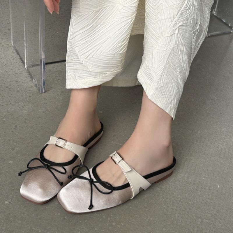 Fashion Spring New Style Low Heels Women's Square Head Shallow Mouth Butterfly Knot Metal Buckle Line with Soft Sole Non-slip Slippers