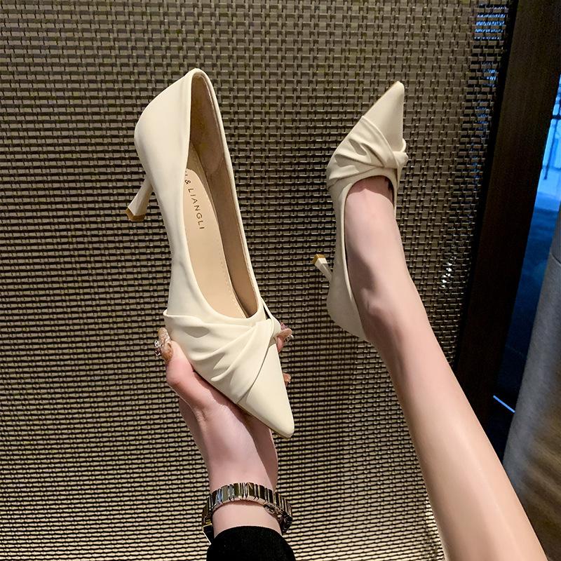French pointed thin heel pleated beige wine glass and high heels sexy niche design sense professional single shoes women