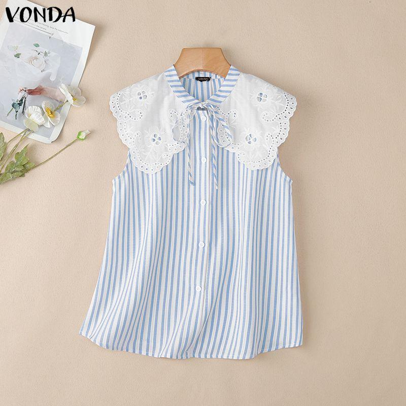 

VONDA Womens Summer Casual Sleeveless Stand Neck Lace Patchwork Striped Tank Tops 5XL светло-синий