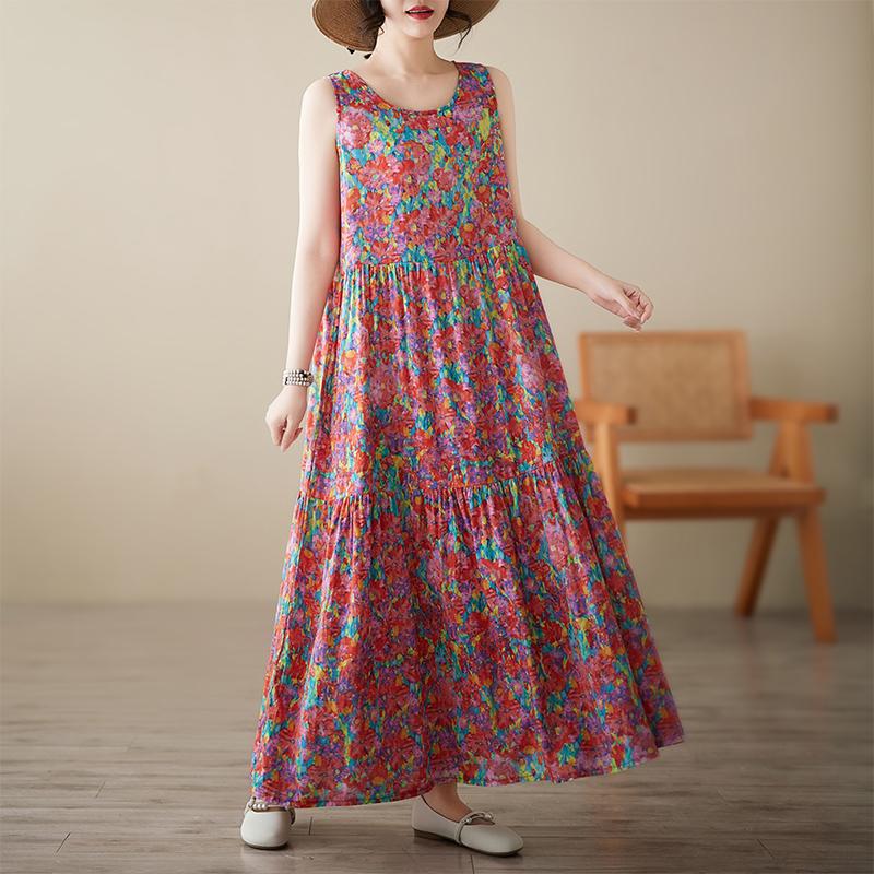 

DIMANAF 2025 New Summer Women Plus Size Loose Vintage Floral Printing Dress Basic Sundress Casual Long Dress One Size красный