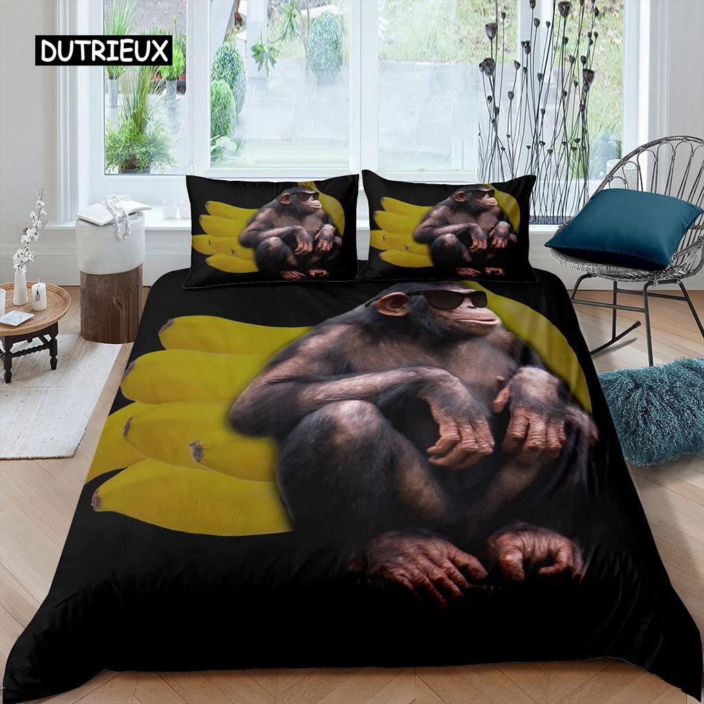 Orangutan Duvet Cover Cute Monkey Bedding Set Polyester Tropical Botanical Animal Print Comforter Cover