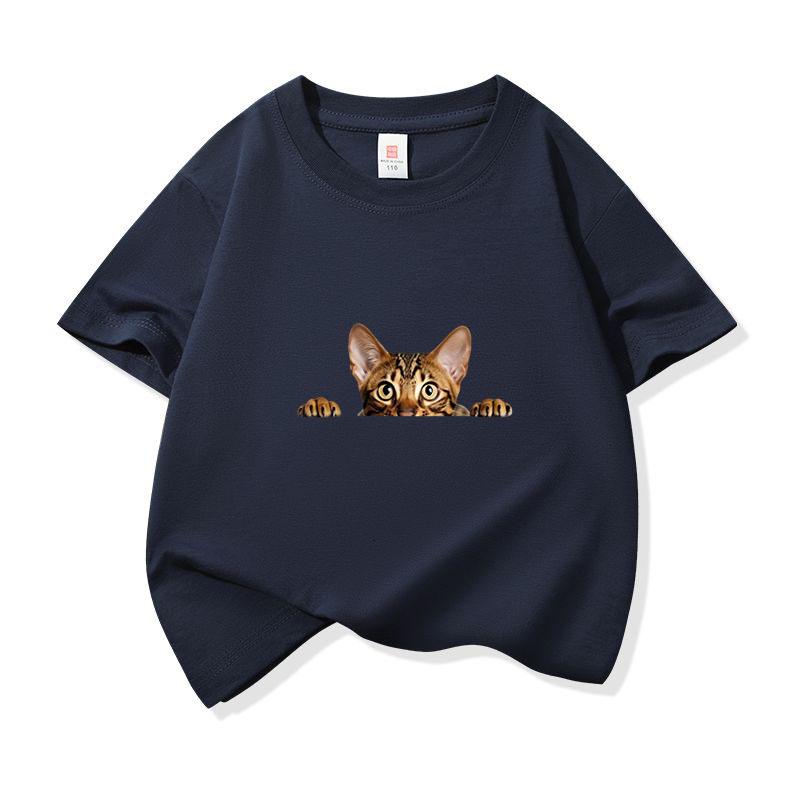 Kids Cotton T Shirt Peeking Bengal Cat Print Crew Neck Short Sleeve Tee Casual Breathable Boys Girls Summer Tops